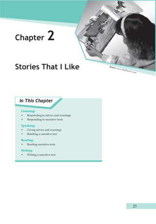 23 
Chapter 2 
Stories That I Like 
Listening: 
• Responding to advice and warnings 
• Responding to narrative texts 
Speaking: 
• Giving advice and warnings 
• Retelling a narrative text 
Reading: 
• Reading narrative texts 
Writing: 
• Writing a narrative text 
Source: www.thefeltsource.com 
In This Chapter 
 