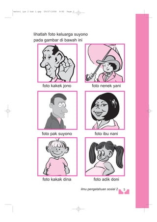 lihatlah foto keluarga suyono
pada gambar di bawah ini
foto kakek jono foto nenek yani
foto pak suyono foto ibu nani
foto kakak dina foto adik doni
5ilmu pengetahuan sosial 2
materi ips 2 bab 1.qxp 09/07/2008 9:40 Page 5
 