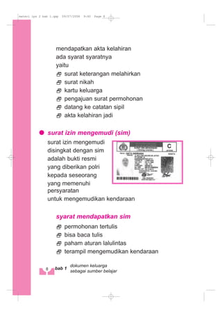 mendapatkan akta kelahiran
ada syarat syaratnya
yaitu
surat keterangan melahirkan
surat nikah
kartu keluarga
pengajuan surat permohonan
datang ke catatan sipil
akta kelahiran jadi
surat izin mengemudi (sim)
surat izin mengemudi
disingkat dengan sim
adalah bukti resmi
yang diberikan polri
kepada seseorang
yang memenuhi
persyaratan
untuk mengemudikan kendaraan
syarat mendapatkan sim
permohonan tertulis
bisa baca tulis
paham aturan lalulintas
terampil mengemudikan kendaraan
8 bab 1
dokumen keluarga
sebagai sumber belajar
materi ips 2 bab 1.qxp 09/07/2008 9:40 Page 8
 