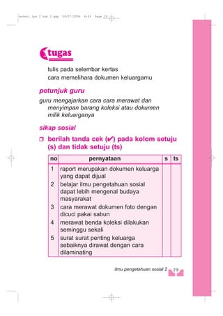 tulis pada selembar kertas
cara memelihara dokumen keluargamu
petunjuk guru
guru mengajarkan cara cara merawat dan
menyimpan barang koleksi atau dokumen
milik keluarganya
sikap sosial
berilah tanda cek ( ) pada kolom setuju
(s) dan tidak setuju (ts)
no pernyataan s ts
1 raport merupakan dokumen keluarga
yang dapat dijual
2 belajar ilmu pengetahuan sosial
dapat lebih mengenal budaya
masyarakat
3 cara merawat dokumen foto dengan
dicuci pakai sabun
4 merawat benda koleksi dilakukan
seminggu sekali
5 surat surat penting keluarga
sebaiknya dirawat dengan cara
dilaminating
tugas
29ilmu pengetahuan sosial 2
materi ips 2 bab 2.qxp 09/07/2008 9:43 Page 29
 