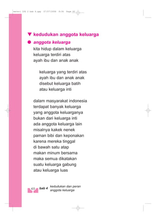 kedudukan anggota keluarga
anggota keluarga
kita hidup dalam keluarga
keluarga terdiri atas
ayah ibu dan anak anak
keluarga yang terdiri atas
ayah ibu dan anak anak
disebut keluarga batih
atau keluarga inti
dalam masyarakat indonesia
terdapat banyak keluarga
yang anggota keluarganya
bukan dari keluarga inti
ada anggota keluarga lain
misalnya kakek nenek
paman bibi dan keponakan
karena mereka tinggal
di bawah satu atap
makan minum bersama
maka semua dikatakan
suatu keluarga gabung
atau keluarga luas
60 bab 4
kedudukan dan peran
anggota keluarga
materi IPS 2 bab 4.qxp 07/07/2008 8:36 Page 60
 