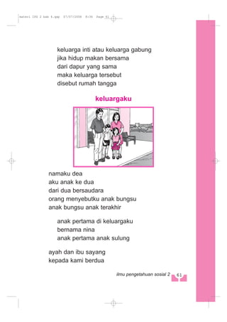 keluarga inti atau keluarga gabung
jika hidup makan bersama
dari dapur yang sama
maka keluarga tersebut
disebut rumah tangga
keluargaku
namaku dea
aku anak ke dua
dari dua bersaudara
orang menyebutku anak bungsu
anak bungsu anak terakhir
anak pertama di keluargaku
bernama nina
anak pertama anak sulung
ayah dan ibu sayang
kepada kami berdua
61ilmu pengetahuan sosial 2
materi IPS 2 bab 4.qxp 07/07/2008 8:36 Page 61
 