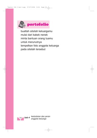 buatlah silsilah keluargamu
mulai dari kakek nenek
minta bantuan orang tuamu
untuk merunutnya
tempelkan foto anggota keluarga
pada silsilah tersebut
portofolio
70 bab 4
kedudukan dan peran
anggota keluarga
materi IPS 2 bab 4.qxp 07/07/2008 8:36 Page 70
 