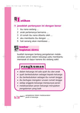 jawablah pertanyaan ini dengan benar
1 ibu nana sedang ...
2 anak pertamanya bernama ...
3 di rumah ibu nana dibantu oleh ...
4 aku membantu ibu dengan ...
5 hati senang akan membawa ...
buatlah karangan tentang pengalaman melak-
sanakan peran dalam keluarga yaitu membantu
memasak di dapur karena ibu sedang sakit
· dalam keluarga inti ada ayah ibu dan anak
· ayah berkedudukan sebagai kepala keluarga
· ibu berkedudukan sebagai ibu rumah tangga
· ibu bertugas mengatur urusan rumah tangga
· setiap anggota keluarga mempunyai peran
· melaksanakan peran keluarga merupakan
pengalaman yang baik
lembar
kegiatan siswa
atihan
778 bab 5
pengalaman dalam melaksanakan
peran di keluarga
materi IPS 2 bab 5.qxp 07/07/2008 8:34 Page 78
 
