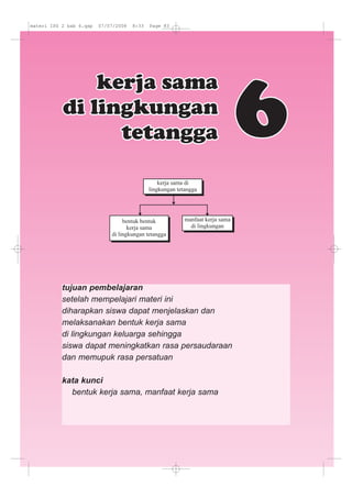 tujuan pembelajaran
setelah mempelajari materi ini
diharapkan siswa dapat menjelaskan dan
melaksanakan bentuk kerja sama
di lingkungan keluarga sehingga
siswa dapat meningkatkan rasa persaudaraan
dan memupuk rasa persatuan
kata kunci
bentuk kerja sama, manfaat kerja sama
materi IPS 2 bab 6.qxp 07/07/2008 8:33 Page 83
 