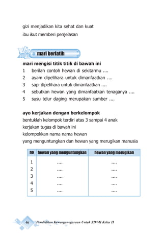 46 Pendidikan Kewarganegaraan Untuk SD/MI Kelas II
gizi menjadikan kita sehat dan kuat
ibu ikut memberi penjelasan
mari mengisi titik titik di bawah ini
1 berilah contoh hewan di sekitarmu ....
2 ayam dipelihara untuk dimanfaatkan ....
3 sapi dipelihara untuk dimanfaatkan ....
4 sebutkan hewan yang dimanfaatkan tenaganya ....
5 susu telur daging merupakan sumber ....
ayo kerjakan dengan berkelompok
bentuklah kelompok terdiri atas 3 sampai 4 anak
kerjakan tugas di bawah ini
kelompokkan nama nama hewan
yang menguntungkan dan hewan yang merugikan manusia
no hewan yang menguntungkan hewan yang merugikan
1 .... ....
2 .... ....
3 .... ....
4 .... ....
5 .... ....
mari berlatih
 
