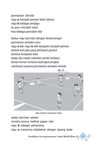 Pendidikan Kewarganegaraan Untuk SD/MI Kelas II 67
permainan dimulai
regu a menjadi pemain lebih dahulu
regu b sebagai penjaga
bu guru menjadi wasit
tina sebagai pencatat nilai
kedua regu bermain dengan bersemangat
permainan semakin seru
regu a dan regu b silih berganti menjadi pemain
berkali kali jaka yang bertubuh gendut
terkena lemparan bola
tetapi dia malah meledek sambil tertawa
teman teman tertawa terpingkal pingkal
membuat suasana permainan semakin meriah
waktu bermain selesai
mereka semua melihat papan nilai
regu b sebagai pemenang
regu a menerima kekalahan dengan lapang dada
jaka terkena lemparan bola
 