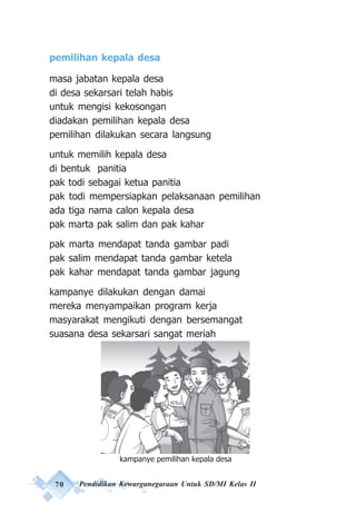 70 Pendidikan Kewarganegaraan Untuk SD/MI Kelas II
pemilihan kepala desa
masa jabatan kepala desa
di desa sekarsari telah habis
untuk mengisi kekosongan
diadakan pemilihan kepala desa
pemilihan dilakukan secara langsung
untuk memilih kepala desa
di bentuk panitia
pak todi sebagai ketua panitia
pak todi mempersiapkan pelaksanaan pemilihan
ada tiga nama calon kepala desa
pak marta pak salim dan pak kahar
pak marta mendapat tanda gambar padi
pak salim mendapat tanda gambar ketela
pak kahar mendapat tanda gambar jagung
kampanye dilakukan dengan damai
mereka menyampaikan program kerja
masyarakat mengikuti dengan bersemangat
suasana desa sekarsari sangat meriah
kampanye pemilihan kepala desa
 