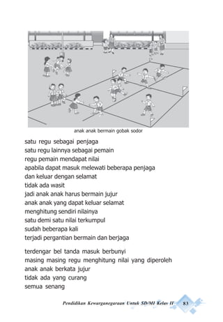 Pendidikan Kewarganegaraan Untuk SD/MI Kelas II 83
satu regu sebagai penjaga
satu regu lainnya sebagai pemain
regu pemain mendapat nilai
apabila dapat masuk melewati beberapa penjaga
dan keluar dengan selamat
tidak ada wasit
jadi anak anak harus bermain jujur
anak anak yang dapat keluar selamat
menghitung sendiri nilainya
satu demi satu nilai terkumpul
sudah beberapa kali
terjadi pergantian bermain dan berjaga
terdengar bel tanda masuk berbunyi
masing masing regu menghitung nilai yang diperoleh
anak anak berkata jujur
tidak ada yang curang
semua senang
anak anak bermain gobak sodor
 