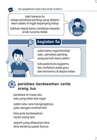ilmu pengetahuan sosial untuk sd dan mi kelas 1
96

             oleh karena itu
 setiap peristiwa penting yang dialami
 akan selalu di ingat sepanjang hidup
bahkan dapat kamu ceritakan kepada
        anak cucumu kelak


                            kegiatan 5a

                            coba kamu ingat kembali
                            satu peristiwa penting
                            yang pernah kamu alami
                            tulis pada buku tugasmu
                            lalu ceritakan pada guru
                            dan temanmu di depan kelas



 b      peristiwa berdasarkan cerita
        orang tua
     peristiwa di masa lalu
     ada yang tidak kita ingat
     salah satu cara mengingatnya
     yaitu dengan melihat foto
     bisa pula berdasarkan
     cerita orang lain
     seperti yang dilakukan dina
     dina bertanya pada ibunya
 