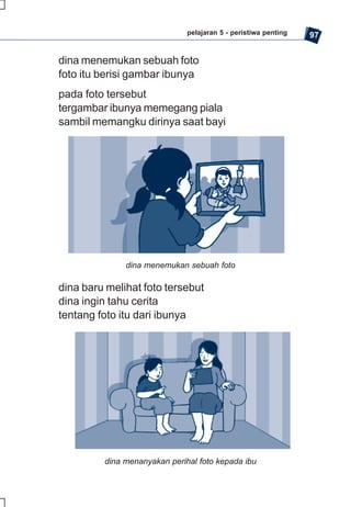 pelajaran 5 - peristiwa penting   97


dina menemukan sebuah foto
foto itu berisi gambar ibunya
pada foto tersebut
tergambar ibunya memegang piala
sambil memangku dirinya saat bayi




              dina menemukan sebuah foto

dina baru melihat foto tersebut
dina ingin tahu cerita
tentang foto itu dari ibunya




         dina menanyakan perihal foto kepada ibu
 