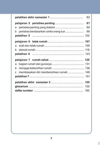 pelatihan akhir semester 1 ...........................................                82

pelajaran 5 peristiwa penting .....................................                   87
a peristiwa penting yang dialami .....................................                89
b peristiwa berdasarkan cerita orang tua .........................                    96
pelatihan 5 ......................................................................   102

pelajaran 6 letak rumah ...............................................              107
a arah dan letak rumah ....................................................          109
b alamat rumah ................................................................      118
pelatihan 6 ......................................................................   123

pelajaran 7 rumah sehat ............................................. 129
a bagian rumah dan gunanya .......................................... 131
b menjaga kebersihan rumah ........................................... 136
c membiasakan diri membersihkan rumah ..................... 148
pelatihan 7 ........................................................................ 151

pelatihan akhir semester 2 .......................................... 155
glosarium ....................................................................... 159
daftar sumber ................................................................ 160




                                          x
 
