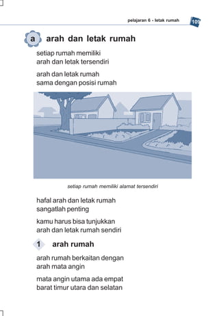 pelajaran 6 - letak rumah   109


a       arah dan letak rumah
    setiap rumah memiliki
    arah dan letak tersendiri
    arah dan letak rumah
    sama dengan posisi rumah




              setiap rumah memiliki alamat tersendiri

    hafal arah dan letak rumah
    sangatlah penting
    kamu harus bisa tunjukkan
    arah dan letak rumah sendiri

    1    arah rumah
    arah rumah berkaitan dengan
    arah mata angin
    mata angin utama ada empat
    barat timur utara dan selatan
 