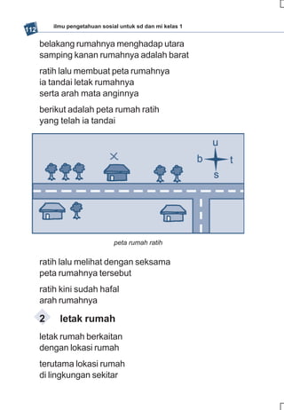 ilmu pengetahuan sosial untuk sd dan mi kelas 1
112

      belakang rumahnya menghadap utara
      samping kanan rumahnya adalah barat
      ratih lalu membuat peta rumahnya
      ia tandai letak rumahnya
      serta arah mata anginnya
      berikut adalah peta rumah ratih
      yang telah ia tandai




                               peta rumah ratih

      ratih lalu melihat dengan seksama
      peta rumahnya tersebut
      ratih kini sudah hafal
      arah rumahnya

      2     letak rumah
      letak rumah berkaitan
      dengan lokasi rumah
      terutama lokasi rumah
      di lingkungan sekitar
 