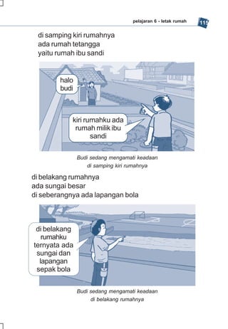 pelajaran 6 - letak rumah   115

 di samping kiri rumahnya
 ada rumah tetangga
 yaitu rumah ibu sandi


        halo
        budi



            kiri rumahku ada
             rumah milik ibu
                   sandi

               Budi sedang mengamati keadaan
                   di samping kiri rumahnya

di belakang rumahnya
ada sungai besar
di seberangnya ada lapangan bola



 di belakang
   rumahku
ternyata ada
 sungai dan
  lapangan
 sepak bola


               Budi sedang mengamati keadaan
                    di belakang rumahnya
 