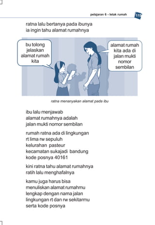 pelajaran 6 - letak rumah   119

  ratna lalu bertanya pada ibunya
  ia ingin tahu alamat rumahnya

  bu tolong                                       alamat rumah
   jelaskan                                         kita ada di
alamat rumah                                        jalan mukti
      kita                                             nomor
                                                     sembilan




               ratna menanyakan alamat pada ibu


  ibu lalu menjawab
  alamat rumahnya adalah
  jalan mukti nomor sembilan
  rumah ratna ada di lingkungan
  rt lima rw sepuluh
  kelurahan pasteur
  kecamatan sukajadi bandung
  kode posnya 40161
  kini ratna tahu alamat rumahnya
  ratih lalu menghafalnya
  kamu juga harus bisa
  menuliskan alamat rumahmu
  lengkap dengan nama jalan
  lingkungan rt dan rw sekitarmu
  serta kode posnya
 