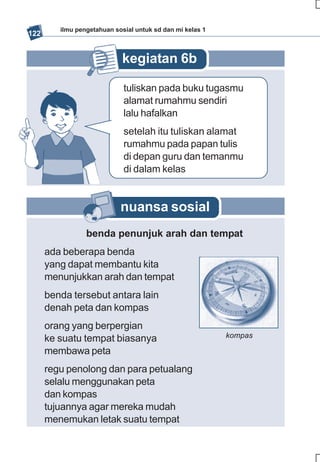 ilmu pengetahuan sosial untuk sd dan mi kelas 1
122


                             kegiatan 6b

                             tuliskan pada buku tugasmu
                             alamat rumahmu sendiri
                             lalu hafalkan
                             setelah itu tuliskan alamat
                             rumahmu pada papan tulis
                             di depan guru dan temanmu
                             di dalam kelas


                            nuansa sosial
                 benda penunjuk arah dan tempat
      ada beberapa benda
      yang dapat membantu kita
      menunjukkan arah dan tempat
      benda tersebut antara lain
      denah peta dan kompas
      orang yang berpergian
      ke suatu tempat biasanya                             kompas

      membawa peta
      regu penolong dan para petualang
      selalu menggunakan peta
      dan kompas
      tujuannya agar mereka mudah
      menemukan letak suatu tempat
 
