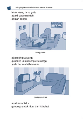 ilmu pengetahuan sosial untuk sd dan mi kelas 1
132

      letak ruang tamu yaitu
      ada di dalam rumah
      bagian depan




                                 ruang tamu

      ada ruang keluarga
      gunanya untuk kumpul keluarga
      serta bersantai bersama




                               ruang keluarga


      ada kamar tidur
      gunanya untuk tidur dan istirahat
 