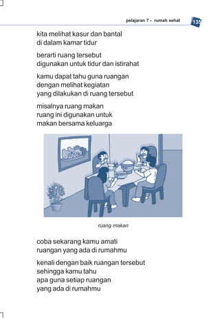 pelajaran 7 - rumah sehat   135

kita melihat kasur dan bantal
di dalam kamar tidur
berarti ruang tersebut
digunakan untuk tidur dan istirahat
kamu dapat tahu guna ruangan
dengan melihat kegiatan
yang dilakukan di ruang tersebut
misalnya ruang makan
ruang ini digunakan untuk
makan bersama keluarga




                    ruang makan


coba sekarang kamu amati
ruangan yang ada di rumahmu
kenali dengan baik ruangan tersebut
sehingga kamu tahu
apa guna setiap ruangan
yang ada di rumahmu
 