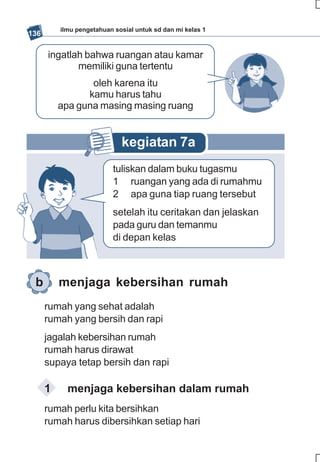 ilmu pengetahuan sosial untuk sd dan mi kelas 1
136

      ingatlah bahwa ruangan atau kamar
             memiliki guna tertentu
                 oleh karena itu
                kamu harus tahu
          apa guna masing masing ruang


                             kegiatan 7a
                           tuliskan dalam buku tugasmu
                           1 ruangan yang ada di rumahmu
                           2 apa guna tiap ruang tersebut
                           setelah itu ceritakan dan jelaskan
                           pada guru dan temanmu
                           di depan kelas



 b        menjaga kebersihan rumah
      rumah yang sehat adalah
      rumah yang bersih dan rapi
      jagalah kebersihan rumah
      rumah harus dirawat
      supaya tetap bersih dan rapi

      1     menjaga kebersihan dalam rumah
      rumah perlu kita bersihkan
      rumah harus dibersihkan setiap hari
 