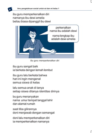 ilmu pengetahuan sosial untuk sd dan mi kelas 1
8

    ibu guru memperkenalkan diri
    namanya ibu dewi amelia
    beliau biasa dipanggil ibu dewi

                                              perkenalkan
                                           nama ibu adalah dewi
                                              nama lengkap ibu
                                             adalah dewi amelia




                     ibu guru memperkenalkan diri

    ibu guru sangat baik
    ia berkata dengan lemah lembut
    ibu guru lalu berkata bahwa
    hari ini ingin mengenal
    semua siswa di kelas
    lalu semua anak di tanya
    setiap siswa ditanya identitas dirinya
    bu guru menanyakan
    nama umur tempat tanggal lahir
    dan alamat rumah
    saat tiba gilirannya
    doni menjawab dengan semangat
    doni lalu memperkenalkan diri
    ia memperkenalkan namanya
 