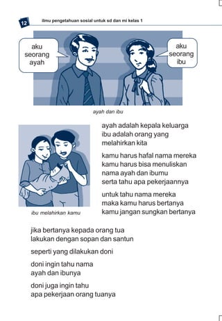ilmu pengetahuan sosial untuk sd dan mi kelas 1
12



   aku                                                       aku
 seorang                                                   seorang
  ayah                                                       ibu




                                ayah dan ibu

                                    ayah adalah kepala keluarga
                                    ibu adalah orang yang
                                    melahirkan kita
                                    kamu harus hafal nama mereka
                                    kamu harus bisa menuliskan
                                    nama ayah dan ibumu
                                    serta tahu apa pekerjaannya
                                    untuk tahu nama mereka
                                    maka kamu harus bertanya
     ibu melahirkan kamu            kamu jangan sungkan bertanya

     jika bertanya kepada orang tua
     lakukan dengan sopan dan santun
     seperti yang dilakukan doni
     doni ingin tahu nama
     ayah dan ibunya
     doni juga ingin tahu
     apa pekerjaan orang tuanya
 