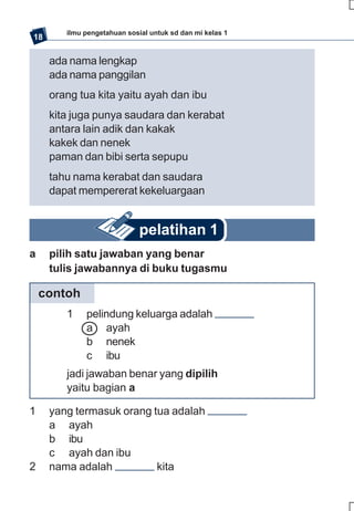 ilmu pengetahuan sosial untuk sd dan mi kelas 1
18

     ada nama lengkap
     ada nama panggilan
     orang tua kita yaitu ayah dan ibu
     kita juga punya saudara dan kerabat
     antara lain adik dan kakak
     kakek dan nenek
     paman dan bibi serta sepupu
     tahu nama kerabat dan saudara
     dapat mempererat kekeluargaan


                             pelatihan 1
a    pilih satu jawaban yang benar
     tulis jawabannya di buku tugasmu

    contoh
        1    pelindung keluarga adalah
             a ayah
             b nenek
             c ibu
        jadi jawaban benar yang dipilih
        yaitu bagian a

1    yang termasuk orang tua adalah
     a ayah
     b ibu
     c ayah dan ibu
2    nama adalah          kita
 