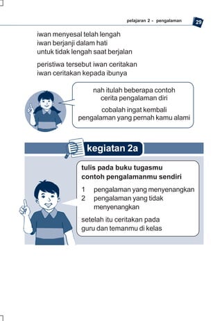 pelajaran 2 - pengalaman   29

iwan menyesal telah lengah
iwan berjanji dalam hati
untuk tidak lengah saat berjalan
peristiwa tersebut iwan ceritakan
iwan ceritakan kepada ibunya

                   nah itulah beberapa contoh
                     cerita pengalaman diri
                    cobalah ingat kembali
             pengalaman yang pernah kamu alami



                  kegiatan 2a
              tulis pada buku tugasmu
              contoh pengalamanmu sendiri
              1    pengalaman yang menyenangkan
              2    pengalaman yang tidak
                   menyenangkan
              setelah itu ceritakan pada
              guru dan temanmu di kelas
 