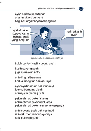 pelajaran 3 - kasih sayang dalam keluarga   45

  ayah berdoa pada tuhan
  agar anaknya berguna
  bagi keluarga bangsa dan agama


 ayah doakan                                         terima kasih
supaya kamu                                              ayah
menjadi anak
yang berguna




               ayah selalu mendoakan anaknya

  itulah contoh kasih sayang ayah
  kasih sayang ayah
  juga dirasakan anto
  anto tinggal bersama
  kedua orang tua dan adiknya
  ayahnya bernama pak mahmud
  ibunya bernama aisah
  adiknya bernama juwita
  pak mahmud bekerja keras
  pak mahmud sayang keluarga
  pak mahmud bekerja untuk keluarganya
  anto sayang pada pak mahmud
  ia selalu menyambut ayahnya
  saat pulang bekerja
 