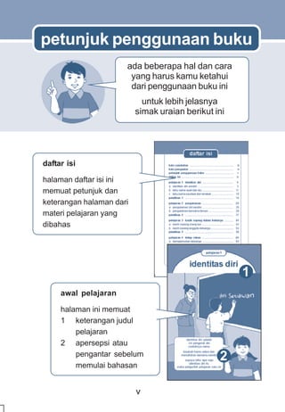 petunjuk penggunaan buku
                      ada beberapa hal dan cara
                       yang harus kamu ketahui
                       dari penggunaan buku ini
                            untuk lebih jelasnya
                          simak uraian berikut ini




daftar isi

halaman daftar isi ini
memuat petunjuk dan
keterangan halaman dari
materi pelajaran yang
dibahas




                                                     1
     awal pelajaran

     halaman ini memuat
     1 keterangan judul
         pelajaran
     2 apersepsi atau
         pengantar sebelum                      2
         memulai bahasan


                          v
 
