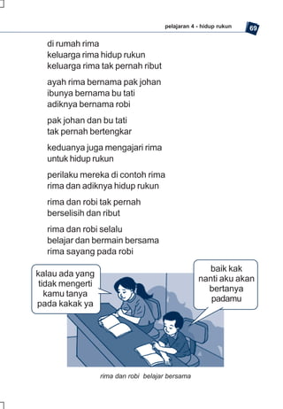 pelajaran 4 - hidup rukun   69

  di rumah rima
  keluarga rima hidup rukun
  keluarga rima tak pernah ribut
  ayah rima bernama pak johan
  ibunya bernama bu tati
  adiknya bernama robi
  pak johan dan bu tati
  tak pernah bertengkar
  keduanya juga mengajari rima
  untuk hidup rukun
  perilaku mereka di contoh rima
  rima dan adiknya hidup rukun
  rima dan robi tak pernah
  berselisih dan ribut
  rima dan robi selalu
  belajar dan bermain bersama
  rima sayang pada robi
                                                    baik kak
kalau ada yang
                                                  nanti aku akan
 tidak mengerti
                                                    bertanya
   kamu tanya
                                                     padamu
pada kakak ya




                  rima dan robi belajar bersama
 