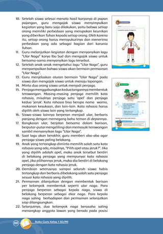 88 Buku Guru Kelas 1 SD/MI
10.	 Setelah siswa selesai menata hasil karyanya di papan
pajangan, guru mengajak siswa me­nyim­pulkan
kegiatan yang baru saja dilakukan, yaitu bahwa setiap
orang memiliki perbedaan yang merupakan keunikan
yang diberikan Tuhan kepada setiap orang. Oleh karena
itu, setiap orang harus mensyukurinya dan menerima
perbedaan yang ada sebagai bagian dari karunia
Tuhan.
11.	 Guru melanjutkan kegiatan dengan menyanyikan lagu
“Ular Naga” karya Ibu Sud dan mengajak siswa untuk
bersama-sama menyanyikan lagu tersebut.
12.	 Setelah anak-anak mengetahui lagu “Ular Naga”, guru
menyampaikan bahwa siswa akan bermain permainan
“Ular Naga”.
13.	 Guru menjelaskan aturan bermain “Ular Naga” pada
siswa dan mengajak siswa untuk menuju lapangan.
14.	 Minta dua orang siswa untuk menjadi penjaga.
15.	 Penjagamenggabungkankeduatangannyamembentuk
terowongan. Masing-masing penjaga memilih kata
rahasia, misalnya penjaga satu ‘apel’ dan penjaga
kedua ‘jeruk’. Kata rahasia bisa berupa nama warna,
makanan kesukaan, dan lain-lain. Kata rahasia harus
dipilih oleh siswa lain yang tertangkap.
16.	 Siswa-siswa lainnya berperan menjadi ular, berbaris
panjang dengan memegang bahu teman di depannya.
17.	 Rangkaian ular, berjalan bersama dalam barisan,
berputar-putarmengelilingidanmemasukiterowongan
sambil menyanyikan lagu “Ular Naga”.
18.	 Saat lagu akan berakhir, guru memberi aba-aba agar
penjaga siswa paling belakang.
19.	 Anak yang tertangkap diminta memilih salah satu kata
rahasia yang ada, misalnya, “Pilih apel atau jeruk?”. Jika
yang dipilih adalah apel, maka anak tersebut berdiri
di belakang penjaga yang mempunyai kata rahasia
apel, jika pilihannya jeruk, maka dia berdiri di belakang
penjaga dengan kata rahasia jeruk.
20.	Demikian seterusnya sampai seluruh siswa habis
tertangkap dan berbaris dibelakang salah satu penjaga
sesuai kata rahasia yang dipilih.
21.	 Permainan dilanjutkan dengan membentuk barisan
per kelompok membentuk seperti ular naga. Para
penjaga berperan sebagai kepala naga, siswa di
belakang berperan sebagai ekor naga. Para kepala
naga saling berhadapan dan permainan selanjutkan
siap dilangsungkan.
22.	Selanjutnya, dua kelompok naga berusaha saling
menangkap anggota lawan yang berada pada posisi
 