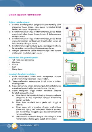 92 Buku Guru Kelas 1 SD/MI
Uraian Kegiatan Pembelajaran
Tujuan pembelajaran:
1.	 Setelah mendengarkan penjelasan guru tentang cara
mengukur tinggi badan, siswa dapat mengukur tinggi
badan temannya dengan tepat.
2.	 Setelah mengukur tinggi badan temannya, siswa dapat
membandingkan tinggi badan teman di kelompoknya
dengan benar.
3.	 Setelah mengukur tinggi badan temannya, siswa dapat
mengelompokkan berdasarkan tinggi badan teman di
kelompoknya dengan benar.
4.	 Setelah mendengar instruksi guru, siswa dapat berbaris
berdasarkan urutan tinggi badan dengan benar.
5.	 Dengan permainan, siswa dapat bekerja sama dalam
melakukan estafet dengan cepat.
Media dan alat pembelajaran:
•	 Tali rafia atau sejenisnya
•	 Gunting
•	 Kertas
•	 Lem
•	 Buku siswa
Langkah-langkah kegiatan:
1.	 Guru menjelaskan setiap anak mem­punyai ukuran
perbedaan dan persamaan tinggi badan.
2.	 Siswa melakukan pengukuran tinggi badan masing-
masing siswa.
3.	 Siswa berkumpul secara ber­kelompok. Setiap kelompok
mendapatkan tali rafia, gunting, kertas, dan lem.
4.	 Siswa mengukur tinggi badan teman­nya dengan
langkah sebagai berikut.
a.	 Siswaberdiribersandardidinding.Letakkansebuah
penggaris di atas ke­palanya hingga menyentuh
bagian tembok.
b.	 Siswa lain memberi tanda pada titik tinggi di
tembok.
c.	 Siswa yang lain mengukur dengan me­letakkan
salah satu ujung tali rafia pada tanda di tembok
dan menariknya hingga bagian bawah tembok lalu
mengguntingnya.
d.	 Beri nama di setiap tali dengan cara mengikat atau
menempelkan kertas yang sudah diberi nama.
 