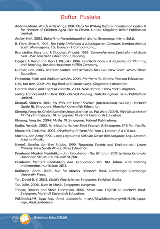 114 Buku Guru Kelas 1 SD/MI
Daftar Pustaka
Andrew, Moira. Words with Wings. 1991. Ideas for Writing Different Forms and Contexts
for Teacher of Children Aged Five to Eleven. United Kingdom: Belair Publication
Limited.
Ardley, Neil. 2003. Buku Ilmu Pengetahuanku: Warna. Semarang: Krisna Sakti.
B. Flora, Sherrill. 1994. The Early Childhood & Kindergarten Calender. Newton Avenue
South Minneapolis: T.S. Denison & Company, Inc., .
Branstetter, Kacy and F. Douglas, Vincent. 1993. Comprehensive Curriculum of Basic
Skill. USA: American Education Publishing.
Cooper, J. David and Jhon J. Pikulski. 1996. Teacher’s Book – A Resource for Planning
and Teaching. Boston: Houghton Mifflin Company.
Dunbar, Bev. 2003. Number Games and Activities for 0-10. New South Wales: Blake
Education.
Foresman, Scott and Addison Wesley. 2004. Mathematic. Illinois: Pearson Education.
Gek, Tan Bee. 2003. My Big Book of 8 Smart Ways. Singapore: Ednovation.
Herrera, Mario and Theresa Zanatta. 2000. New Parade 1. New York: Longman.
James, Frances and Ann Kerr. 1993. On First Reading. United Kingdom: Belair Publication
Limited.
Khanali, Shireen. 2010. My Pals are Here! Science (International Edition) Teacher’s
Guide 1B. Singapore: Marshall Cavendish Education.
Kheong, Fong Ho, Chelvi Ramakrishnan, Bernice lau Pui Wah. (2001). My Pals are Here!
Maths (2nd Edition) 1A. Singapore: Marshall Cavendish Education.
Kheong, Fong Ho. 2004. Maths 1B. Singapore: Federal Publications.
Kudin, Faridah. 2002. I’m Healthy: Activity Book Primary 5. Singapore: EPB Pan Pacific.
Moorcroft, Christine. 2005. Developing Citizenship: Year 1. London: A & C Black.
Muchlis, dan Azmy. 1990. Lagu-Lagu untuk Sekolah Dasar dan Lanjutan: Lagu Daerah.
Jakarta: Musika.
Newell, Sandra dan Bev Stubbs. 1999. Targeting Society and Environment: Lower
Primary. New South Wales: Blake Education.
Peraturan Menteri Pendidikan dan Kebudayaan No. 67 tahun 2013 tentang Kerangka
Dasar dan Struktur Kurikulum SD/MI.
Peraturan Menteri Pendidikan dan Kebudayaan No. 81A tahun 2013 tentang
Implementasi Kurikulum 2013.
Robinson, Anne. 2006. Fun for Movers Teacher’s Book. Cambridge: Cambridge
University Press.
Tan, David B. Y. 2002. Child’s Play Science. Singapore: Earlybird Books.
Tan, Julie. 2006. Tune in Music. Singapore: Longman.
Treloar, Frances and Steve Thompson. 2006. Move with English A: Teacher’s Book.
Singapore; Marshall Cavendish Education.
Wikibook.Lirik Lagu-lagu Anak Indonesia. http://id.wikibooks.org/wiki/Lirik_Lagu-
lagu_Anak_Indonesia
 