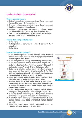 9
Tema 1 Subtema: Aku dan Teman Baru
Uraian Kegiatan Pembelajaran
Tujuan pembelajaran:
1.	 Setelah mengikuti permainan, siswa dapat mengenal
konsep bilangan 1-5 dengan tepat.
2.	 Dengan melakukan permainan siswa dapat mengenal
lambang bilangan dengan benar.
3.	 Dengan melakukan permainan, siswa dapat
mengidentifikasi nama teman baru dengan tepat.
4.	 Setelah mengidentifikasi, siswa dapat menyebutkan
kembali nama temannya dengan benar.
Media dan alat pembelajaran:
•	 Buku Siswa
•	 Potongan kertas bertuliskan angka 1-5 sebanyak 3 set
atau lebih
•	 Buku Siswa
Langkah-langkah kegiatan:
1.	 Guru menyampaikan bahwa mereka akan bermain
sambil mengenal bilangan dan mengajak siswa untuk
berhitung bersama dari 1-5.
2.	 Guru mengenalkan konsep dan lambang bilangan 1-5.
3.	 Guru menempelkan kertas bertuliskan angka 1-5 di
beberapa bagian kelas. Misalnya, angka 1 ditempel di
satu sudut kelas. Angka 2 ditempel di papan tulis.
4.	 Satu siswa diminta untuk berdiri di dekat angka 1,
dua siswa diminta berdiri di dekat angka 2 demikian
seterusnya sampai di angka 5 dengan lima orang siswa.
5.	 Siswa diminta kembali ke tempat semula.
6.	 Guru menghitung sampai angka 5 dan meminta siswa
untuk menuju ke sudut-sudut angka tersebut.
7.	 Jumlah siswa di setiap sudut harus sesuai dengan
angka yang tertera. Misalnya, pada sudut dengan angka
1, hanya ada satu siswa di sana. Begitu juga dengan
angka yang lainnya.
8.	 Guru mengulang kegiatan sampai siswa paham
mengenai banyak benda dan lambang bilangan 1-5.
9.	 Guru melakukan refleksi kegiatan dengan cara meminta
siswa mengungkapkan perasaan dan pendapatnya.
10.	Kemudian siswa mengerjakan lembar latihan di buku
siswa, namun guru dapat menambah variasi latihan
sendiri.
11.	 Guru mengajak siswa untuk mengenal teman­nya
dengan bermain mengenal teman baru.
 