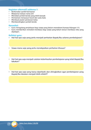 28 Buku Guru Kelas 1 SD/MI
Kegiatan alternatif subtema 1:
•	 Berkenalan sambil bernyanyi
•	 Mewarnai tulisan nama diri
•	 Menebak jumlah benda yang lebih banyak
•	 Permainan menyusun huruf dan suku kata
•	 Membuat poster peraturan kelas
•	 Membandingkan jumlah benda
Remedial:
•	 Guru mengulang penjelasan bagi siswa yang belum memahami konsep bilangan 1-5.
•	 Guru memberikan remedial membaca bagi siswa yang belum lancar membaca teks yang
dipelajari.
Refleksi guru:
•	 Hal-hal apa saja yang perlu menjadi perhatian Bapak/Ibu selama pembelajaran?
•	 Siswa mana saja yang perlu mendapatkan perhatian khusus?
•	 Hal-hal apa saja menjadi catatan keberhasilan pembelajaran yang telah Bapak/Ibu
lakukan?
•	 Hal-hal apa saja yang harus diperbaiki dan ditingkatkan agar pem­­bela­jaran yang
Bapak/Ibu lakukan menjadi lebih efektif?
 
