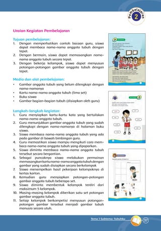 37
Tema 1 Subtema: Tubuhku
Uraian Kegiatan Pembelajaran
Tujuan pembelajaran:
1.	 Dengan memperhatikan contoh bacaan guru, siswa
dapat membaca nama-nama anggota tubuh dengan
tepat.
2.	 Dengan bermain, siswa dapat me­ma­sangkan nama-
nama anggota tubuh secara tepat.
3.	 Dengan bekerja kelompok, siswa dapat menyusun
potongan-potongan gambar anggota tubuh dengan
tepat.
Media dan alat pembelajaran:
•	 Gambar anggota tubuh yang belum dilengkapi dengan
nama-namanya
•	 Kartu nama-nama anggota tubuh (lima set)
•	 Buku siswa
•	 Gambar bagian-bagian tubuh (disiapkan oleh guru)
Langkah-langkah kegiatan:
1.	 Guru menyiapkan kartu-kartu kata yang ber­tulis­kan
nama-nama anggota tubuh.
2.	 Guru menunjukkan gambar anggota tubuh yang sudah
dilengkapi dengan nama-namanya di halaman buku
siswa.
3.	 Siswa membaca nama-nama anggota tubuh yang ada
pada gambar di bawah bimbingan guru.
4.	 Guru memastikan siswa mampu mengikuti cara mem­
baca nama-nama anggota tubuh yang dipaparkan.
5.	 Siswa diminta mem­baca nama-nama anggota tubuh
tersebut se­cara bergantian.
6.	 Sebagai puncaknya siswa melakukan permainan
memasangkankartunama-namaanggotatubuhdengan
gambar yang sudah disiapkan secara berkelompok
7.	 Siswa menempelkan hasil pekerjaan kelompoknya di
kertas karton.
8.	 Kemudian guru menyiapkan potongan-potongan
gambar anggota tubuh beberapa set.
9.	 Siswa diminta membentuk kelompok terdiri dari
maksimum 5 kelompok.
10.	 Masing-masing kelompok diberikan satu set potongan
gambar anggota tubuh.
11.	 Setiap kelompok berkompetisi menyusun potongan-
potongan gambar terse­but menjadi gambar tubuh
manusia secara utuh.
 