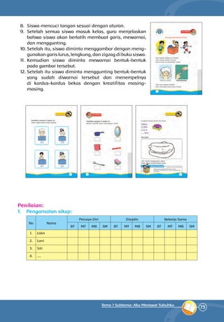 73
Tema 1 Subtema: Aku Merawat Tubuhku
8.	 Siswa mencuci tangan sesuai dengan aturan.
9.	 Setelah semua siswa masuk kelas, guru menjelaskan
bahwa siswa akan berlatih membuat garis, mewarnai,
dan menggunting.
10.	Setelah itu, siswa diminta menggambar dengan meng­
gunakan garis lurus, lengkung, dan zigzag di buku siswa.
11.	 Kemudian siswa diminta mewarnai bentuk-bentuk
pada gambar tersebut.
12.	Setelah itu siswa diminta menggunting bentuk-bentuk
yang sudah diwarnai tersebut dan menempelnya
di kardus-kardus bekas dengan kreatifitas masing-
masing.
Penilaian:
1.	 Pengamatan sikap:
No Nama
Percaya Diri Disiplin Bekerja Sama
BT MT MB SM BT MT MB SM BT MT MB SM
1. Udin
2. Lani
3. Siti
4. ....
 