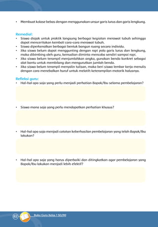 82 Buku Guru Kelas 1 SD/MI
•	 Membuat kolase bebas dengan menggunakan unsur garis lurus dan garis lengkung.
Remedial:
•	 Siswa diajak untuk praktik langsung berbagai kegiatan merawat tubuh sehingga
dapat menceritakan kembali cara-cara merawat tubuh.
•	 Siswa diperkenalkan berbagai bentuk bangun ruang secara individu.
•	 Jika siswa belum dapat menggunting dengan rapi pola garis lurus dan lengkung,
maka dibimbing oleh guru, kemudian diminta mencoba sendiri sampai rapi.
•	 Jika siswa belum terampil menjumlahkan angka, gunakan benda konkret sebagai
alat bantu untuk membilang dan mengurutkan jumlah benda.
•	 Jika siswa belum terampil menyalin tulisan, maka beri siswa lembar kerja menulis
dengan cara menebalkan huruf untuk melatih keterampilan motorik halusnya.
Refleksi guru:
•	 Hal-hal apa saja yang perlu menjadi perhatian Bapak/Ibu selama pembelajaran?
•	 Siswa mana saja yang perlu mendapatkan perhatian khusus?
•	 Hal-hal apa saja menjadi catatan keberhasilan pembelajaran yang telah Bapak/Ibu
lakukan?
•	 Hal-hal apa saja yang harus diperbaiki dan ditingkatkan agar pembelajaran yang
Bapak/Ibu lakukan menjadi lebih efektif?
 