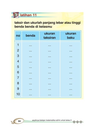 asyiknya belajar matematika sd/mi untuk kelas II
94
latihan 11
taksir dan ukurlah panjang lebar atau tinggi
benda benda di kelasmu
no benda
ukuran ukuran
taksiran baku
1 ... ... ...
2 ... ... ...
3 ... ... ...
4 ... ... ...
5 ... ... ...
6 ... ... ...
7 ... ... ...
8 ... ... ...
9 ... ... ...
10 ... ... ...
 