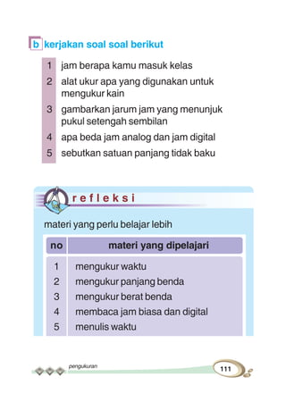 pengukuran
111
b kerjakan soal soal berikut
1 jam berapa kamu masuk kelas
2 alat ukur apa yang digunakan untuk
mengukur kain
3 gambarkan jarum jam yang menunjuk
pukul setengah sembilan
4 apa beda jam analog dan jam digital
5 sebutkan satuan panjang tidak baku
r e f l e k s i
materi yang perlu belajar lebih
no materi yang dipelajari
1 mengukur waktu
2 mengukur panjang benda
3 mengukur berat benda
4 membaca jam biasa dan digital
5 menulis waktu
 