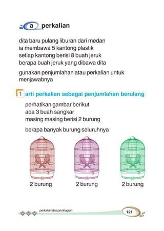 perkaliandanpembagian
121
a perkalian
dita baru pulang liburan dari medan
ia membawa 5 kantong plastik
setiap kantong berisi 8 buah jeruk
berapa buah jeruk yang dibawa dita
gunakan penjumlahan atau perkalian untuk
menjawabnya
1 arti perkalian sebagai penjumlahan berulang
perhatikan gambar berikut
ada 3 buah sangkar
masing masing berisi 2 burung
berapa banyak burung seluruhnya
2 burung 2 burung 2 burung
 