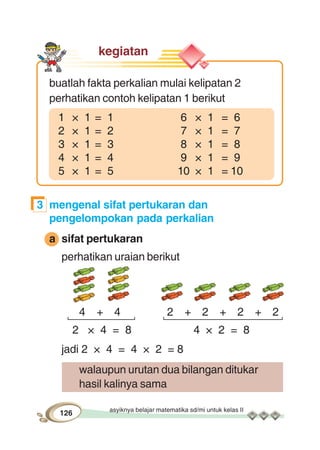 asyiknya belajar matematika sd/mi untuk kelas II
126
kegiatan
buatlah fakta perkalian mulai kelipatan 2
perhatikan contoh kelipatan 1 berikut
1 × 1 = 1 6 × 1 = 6
2 × 1 = 2 7 × 1 = 7
3 × 1 = 3 8 × 1 = 8
4 × 1 = 4 9 × 1 = 9
5 × 1 = 5 10 × 1 = 10
3 mengenal sifat pertukaran dan
pengelompokan pada perkalian
a sifat pertukaran
perhatikan uraian berikut
4 + 4 2 + 2 + 2 + 2
2 × 4 = 8 4 × 2 = 8
jadi 2 × 4 = 4 × 2 = 8
walaupun urutan dua bilangan ditukar
hasil kalinya sama
 