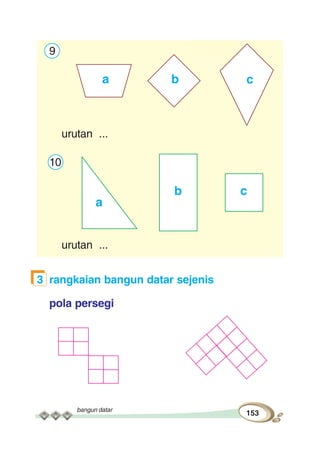 bangun datar
153
9
urutan ...
10
urutan ...
3 rangkaian bangun datar sejenis
pola persegi
a b c
a
cb
 