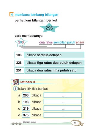 bilangan cacah
9
4 membaca lambang bilangan
perhatikan bilangan berikut
296
cara membacanya
296 dua ratus sembilan puluh enam
108 dibaca seratus delapan
328 dibaca tiga ratus dua puluh delapan
251 dibaca dua ratus lima puluh satu
latihan 3
1 isilah titik titik berikut
a 203 dibaca ...
b 193 dibaca ...
c 219 dibaca ...
d 375 dibaca ...
 