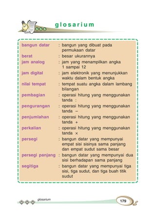 glosarium
179
bangun datar : bangun yang dibuat pada
permukaan datar
berat : besar ukurannya
jam analog : jam yang menampilkan angka
1 sampai 12
jam digital : jam elektronik yang menunjukkan
waktu dalam bentuk angka
nilai tempat : tempat suatu angka dalam lambang
bilangan
pembagian : operasi hitung yang menggunakan
tanda :
pengurangan : operasi hitung yang menggunakan
tanda –
penjumlahan : operasi hitung yang menggunakan
tanda +
perkalian : operasi hitung yang menggunakan
tanda ×
persegi : bangun datar yang mempunyai
empat sisi sisinya sama panjang
dan empat sudut sama besar
persegi panjang : bangun datar yang mempunyai dua
sisi berhadapan sama panjang
segitiga : bangun datar yang mempunyai tiga
sisi, tiga sudut, dan tiga buah titik
sudut
g l o s a r i u m
 