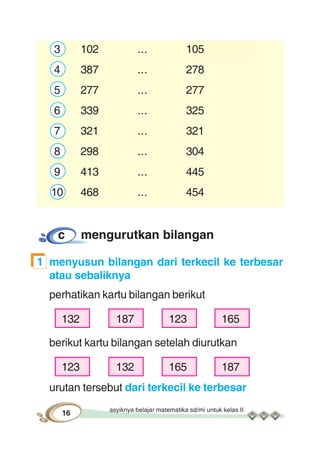 asyiknya belajar matematika sd/mi untuk kelas II
16
3 102 ... 105
4 387 ... 278
5 277 ... 277
6 339 ... 325
7 321 ... 321
8 298 ... 304
9 413 ... 445
10 468 ... 454
c mengurutkan bilangan
1 menyusun bilangan dari terkecil ke terbesar
atau sebaliknya
perhatikan kartu bilangan berikut
132 187 123 165
berikut kartu bilangan setelah diurutkan
123 132 165 187
urutan tersebut dari terkecil ke terbesar
 