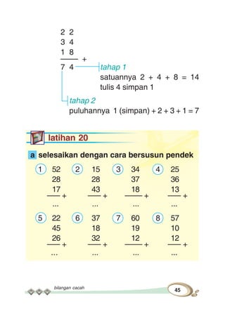 bilangan cacah
45
2 2
3 4
1 8
–––– +
7 4 tahap 1
satuannya 2 + 4 + 8 = 14
tulis 4 simpan 1
tahap 2
puluhannya 1 (simpan) + 2 + 3 + 1 = 7
latihan 20
a selesaikan dengan cara bersusun pendek
1 52 2 15 3 34 4 25
28 28 37 36
17 43 18 13
––– + ––– + –––– + ––– +
... ... ... ...
5 22 6 37 7 60 8 57
45 18 19 10
26 32 12 12
––– + ––– + –––– + ––– +
... ... ... ...
 
