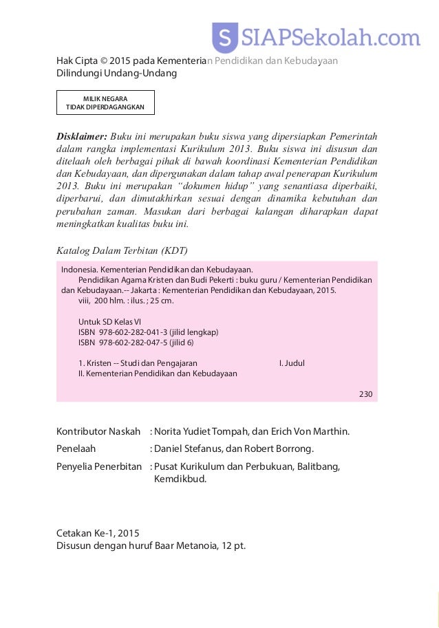 Buku Bse Kelas 06 Sd Pendidikan Agama Kristen Dan Budi Pekerti Guru