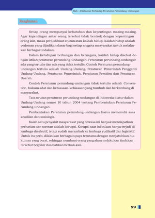 Bab - 3 Ketaatan Terhadap Peraturan Perundang-Undangan



Rangkuman

     Setiap orang mempunyai kebutuhan dan kepentingan masing-masing.
Agar kepentingan antar orang tersebut tidak bentrok dengan kepentingan
orang lain, maka perlu dibuat aturan atau kaidah hidup. Kaidah hidup adalah
pedoman yang dijadikan dasar bagi setiap anggota masyarakat untuk melaku-
kan berbagai tindakan.
     Dalam kehidupan berbangsa dan bernegara, kaidah hidup disebut de-
ngan istilah peraturan perundang-undangan. Peraturan perundang-undangan
ada yang tertulis dan ada yang tidak tertulis. Contoh Peraturan perundang-
undangan tertulis adalah Undang-Undang, Peraturan Pemerintah Pengganti
Undang-Undang, Peraturan Pemerintah, Peraturan Presiden dan Peraturan
Daerah.
     Contoh Peraturan perundang-undangan tidak tertulis adalah Conven-
tion, hukum adat dan kebiasaan-kebiasaan yang tumbuh dan berkembang di
masyarakat.
     Tata urutan peraturan perundang-undangan di Indonesia diatur dalam
Undang-Undang nomor 10 tahun 2004 tentang Pembentukan Peraturan Pe-
rundang-undangan.
     Pembentukan Peraturan perundang-undangan harus memenuhi asas
keadilan dan sosiologis.
     Salah satu penyakit masyarakat yang dewasa ini banyak mendapatkan
perhatian dan sorotan adalah korupsi. Korupsi saat ini bukan hanya terjadi di
lembaga eksekutif, tetapi sudah merambah ke lembaga yudikatif dan legislatif.
Untuk itu perlu dilakukan berbagai upaya terutama dengan menjatuhkan hu-
kuman yang berat, sehingga membuat orang yang akan melakukan tindakan
tersebut berpikir dua bahkan berkali-kali.




                                                                                  99
 